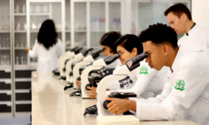 Três estudantes de medicina vestidos com jaleco, observando microscópio, enquanto dois outros estudantes, também vestidos com jaleco circulam o ambiente. 